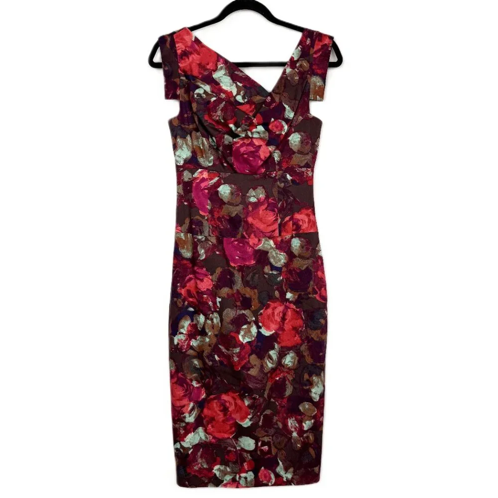 NWT Black Halo Jackie O Sheath Dress Red French Rose Floral Print Size 2
